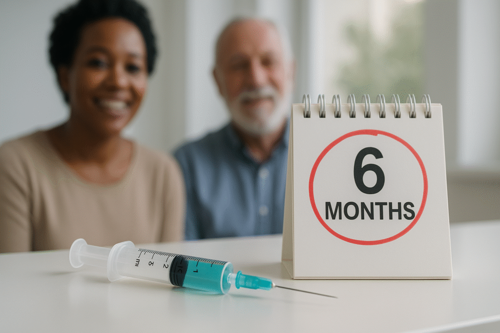 Close-up of a syringe with teal liquid next to a calendar marked 6 months, with smiling patients in the background