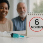 Close-up of a syringe with teal liquid next to a calendar marked 6 months, with smiling patients in the background